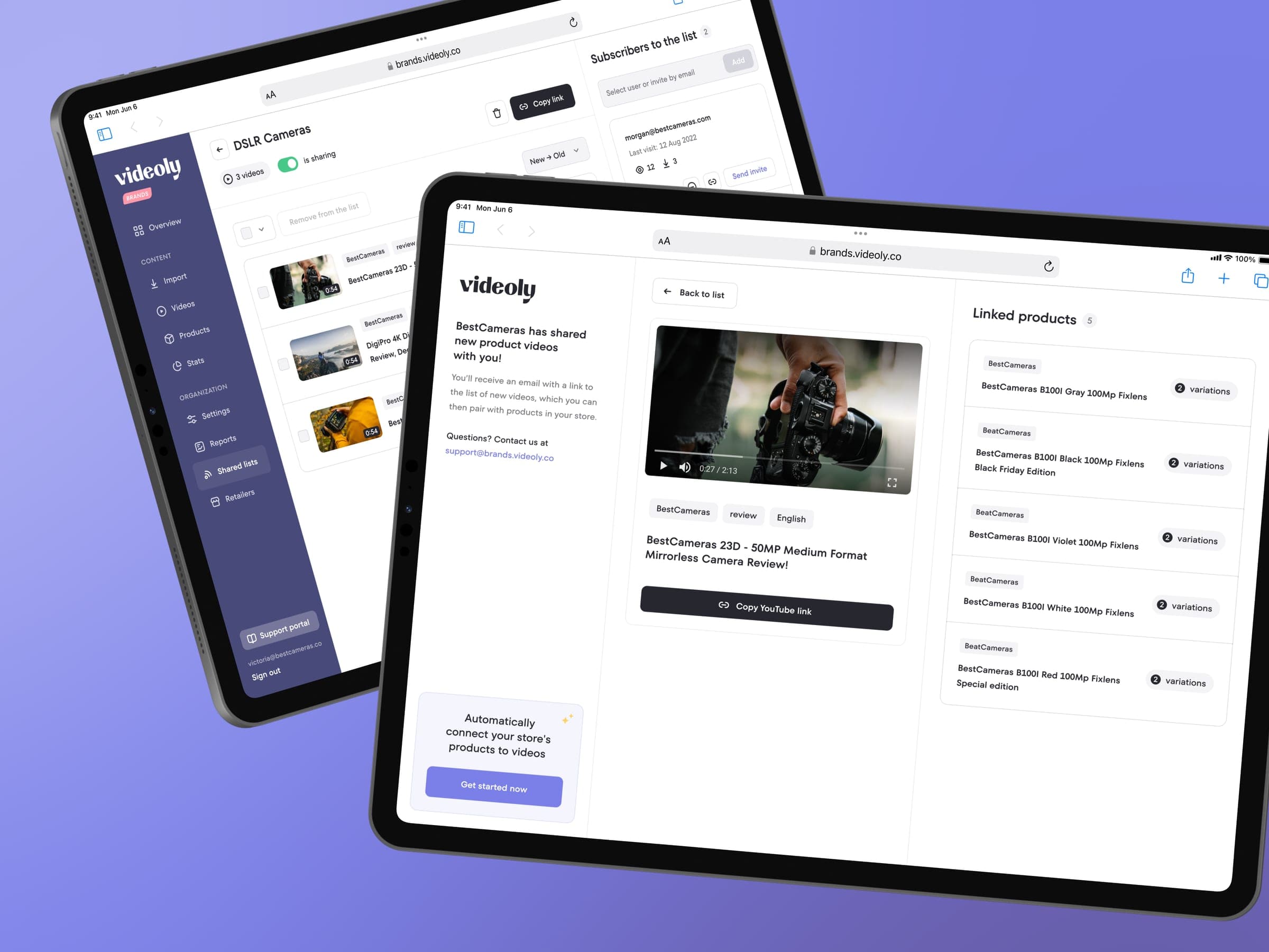 Two tablets with the Videoly for Brands console and a page for sharing videos with resellers