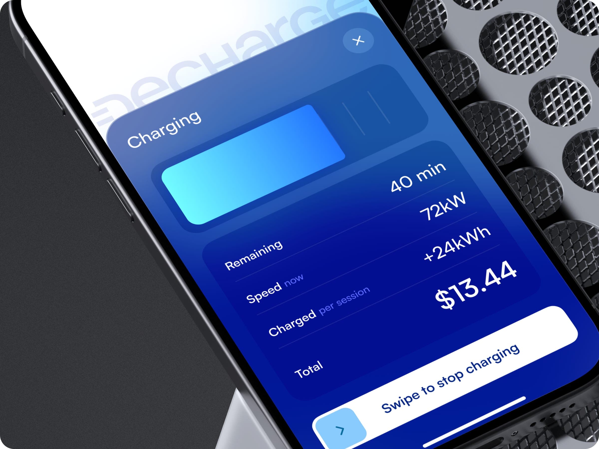 Phone showing a DeCharge charging session with remaining time, power and price