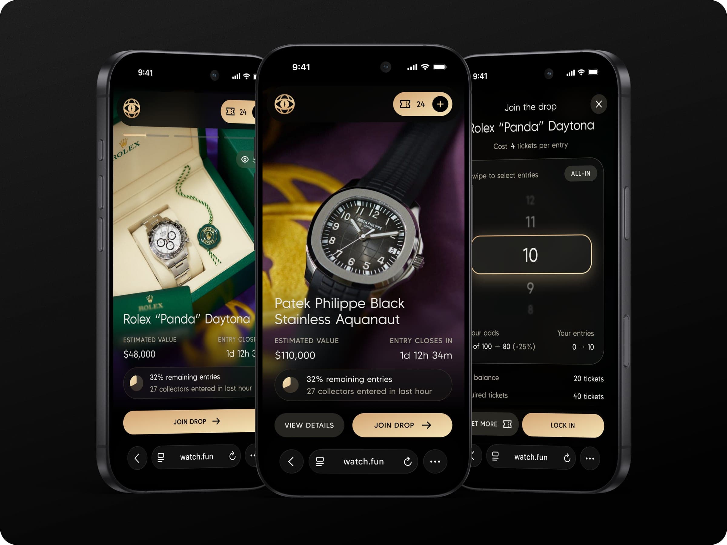 Three phones with Watch.fun drop cards and the entry selector