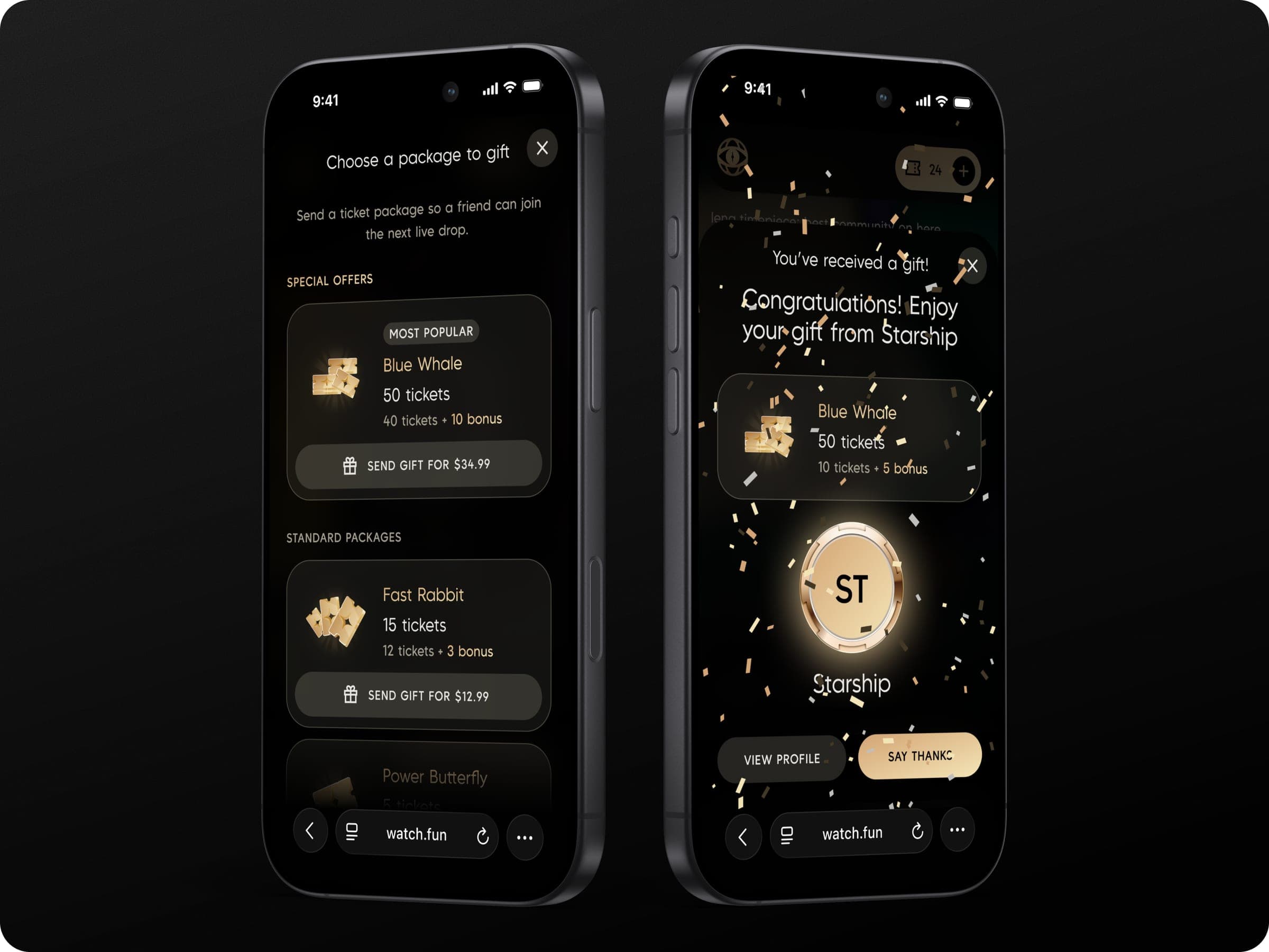 Two phones: choosing a ticket package to gift, and a gift received