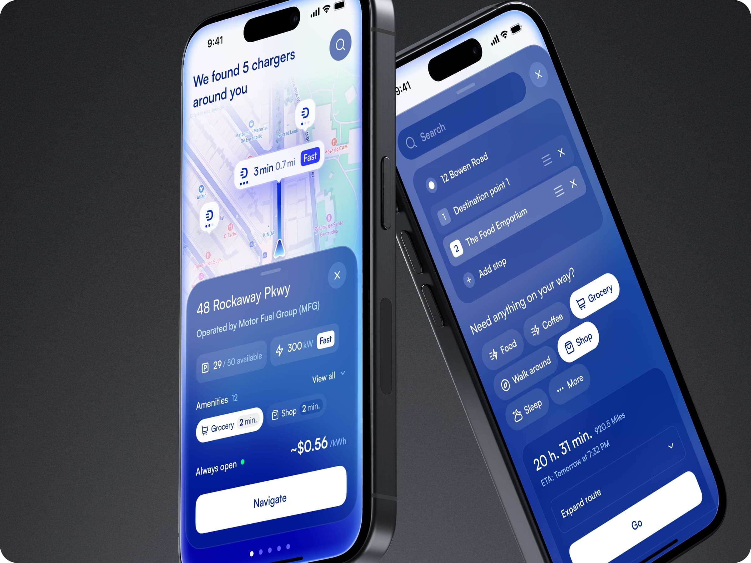 Two phones with the DeCharge charger map and a route planner with stops on the way