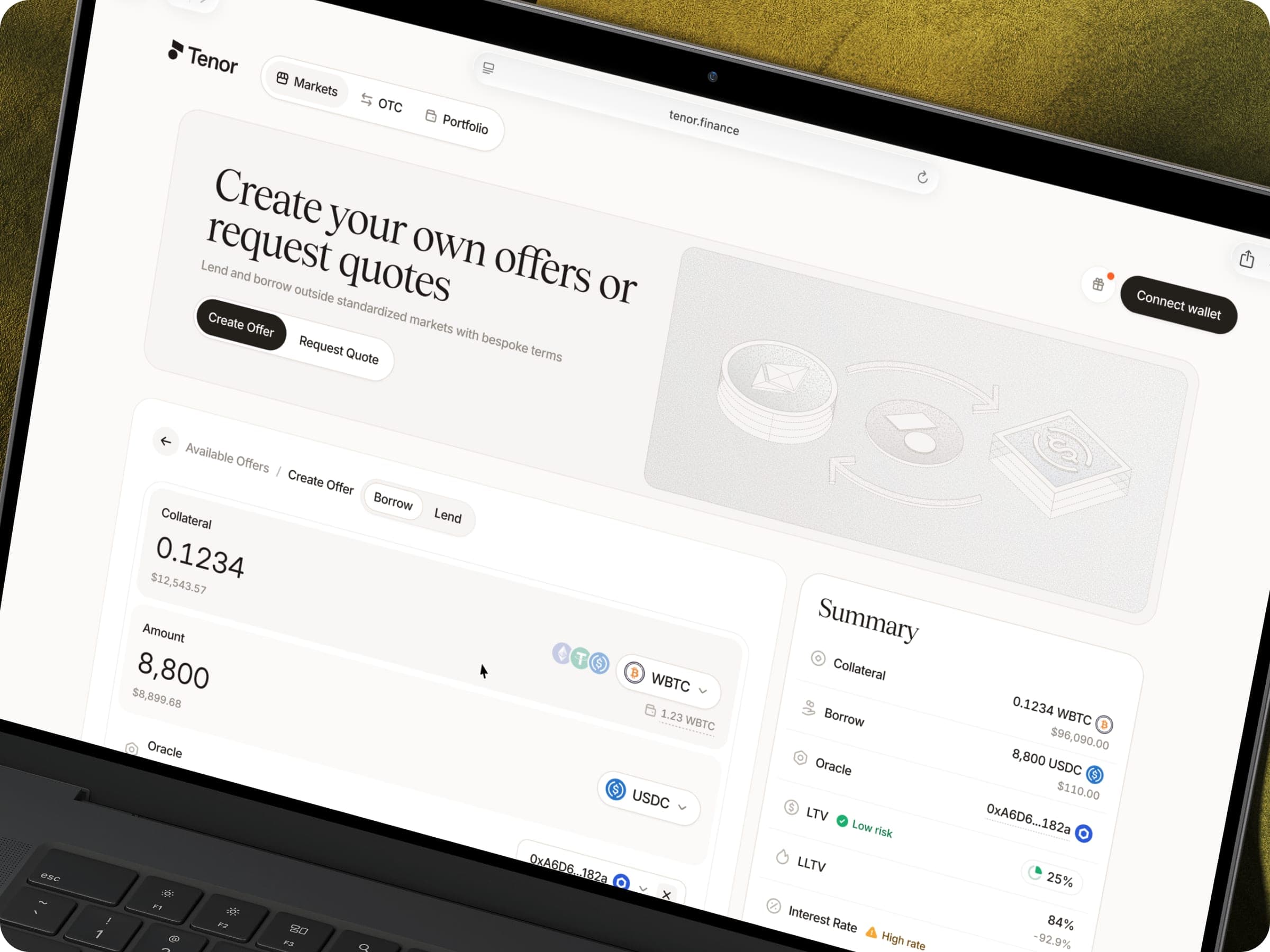 Tenor screen for creating custom offers and requesting quotes, with an order summary