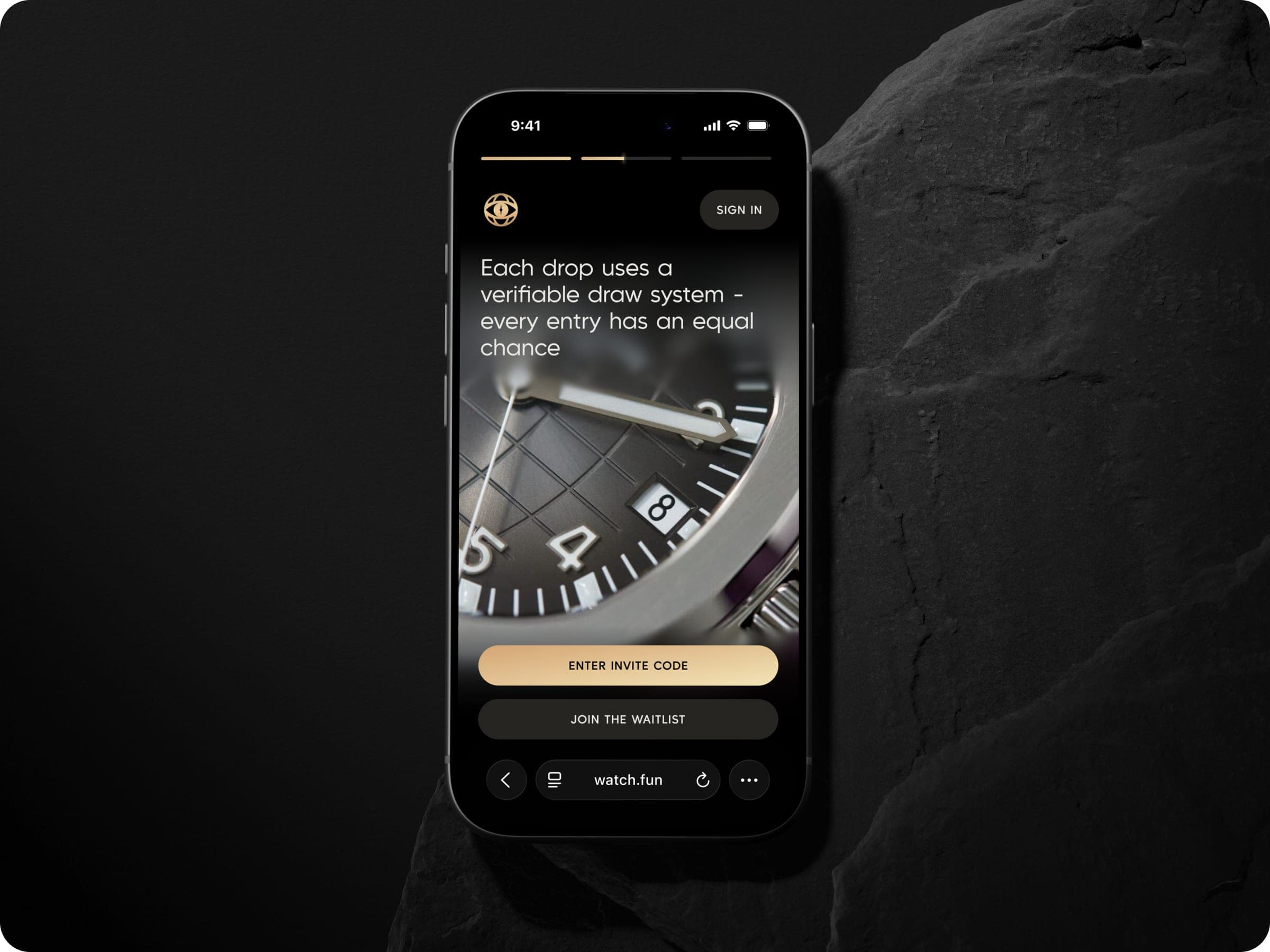 Phone with the Watch.fun invite code screen over a close-up of a watch