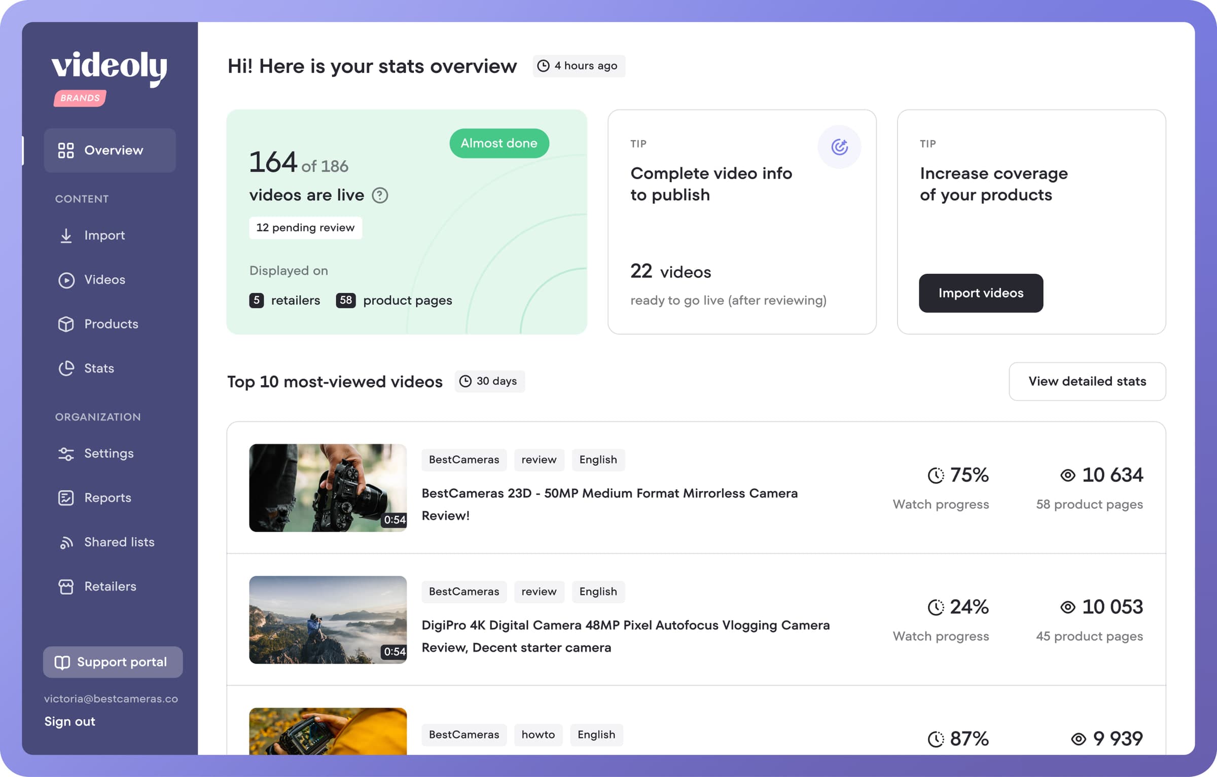 Videoly brand console overview with live videos and the most viewed videos