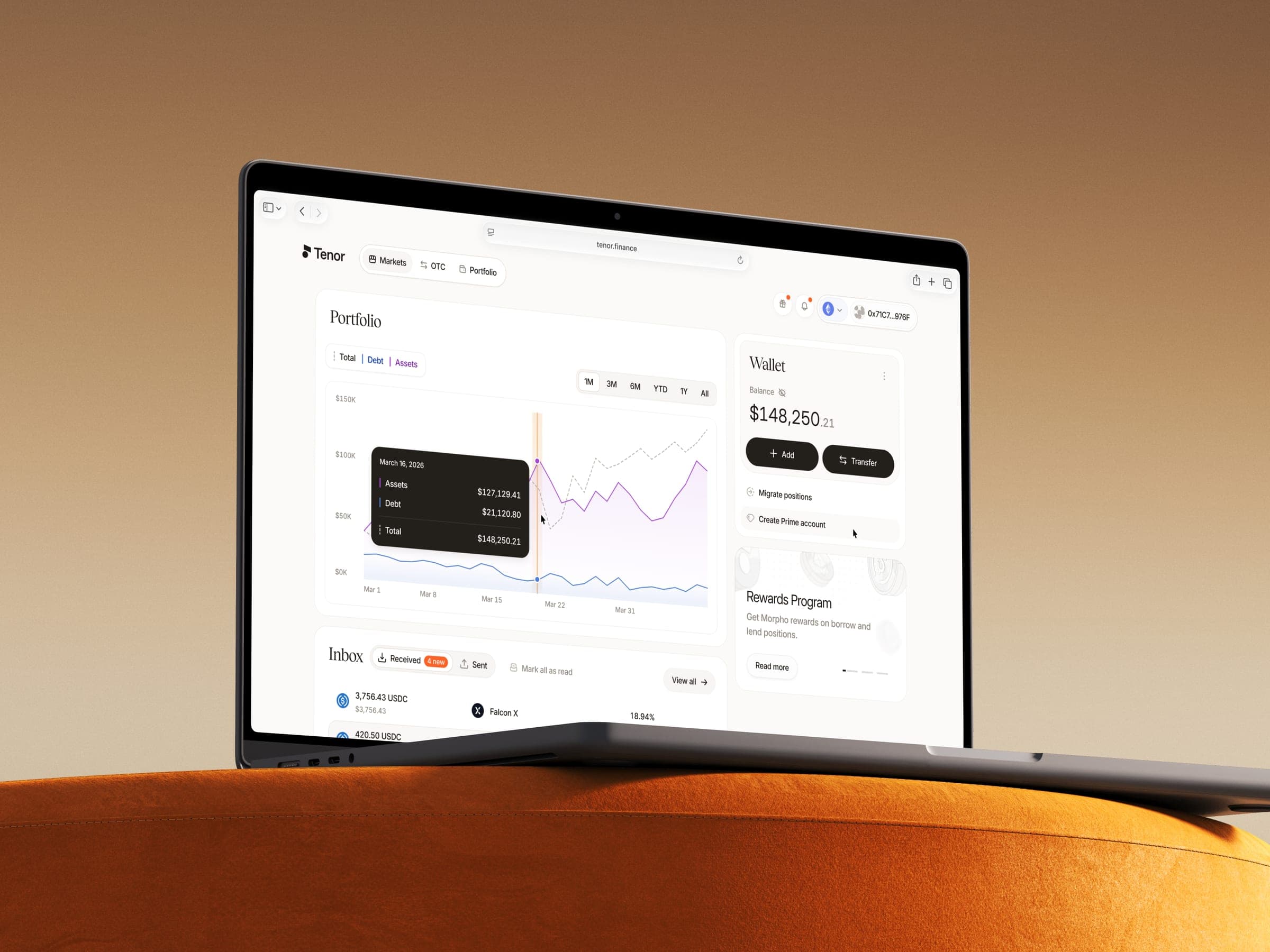 Tenor portfolio dashboard with a balance chart and wallet on a laptop
