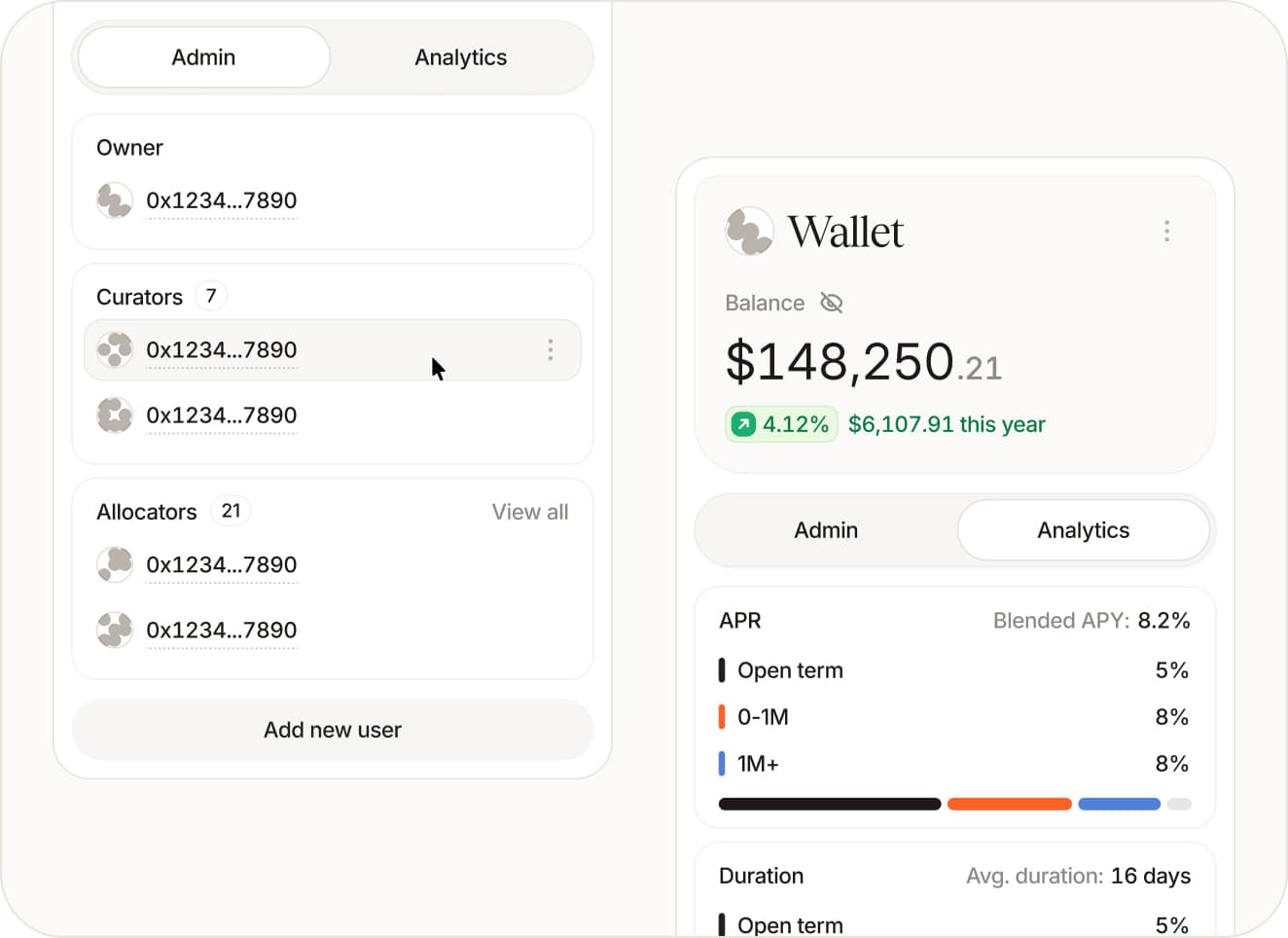 Tenor Prime admin panel with curators and allocators, next to a wallet balance and rate breakdown