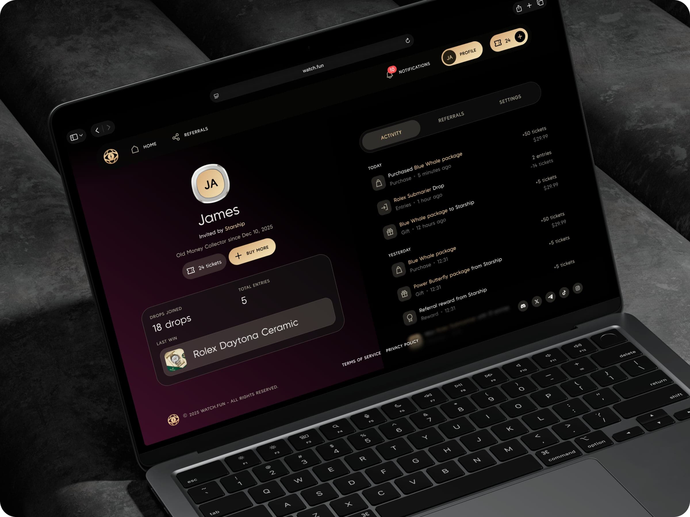 Watch.fun collector profile with stats and activity on a laptop