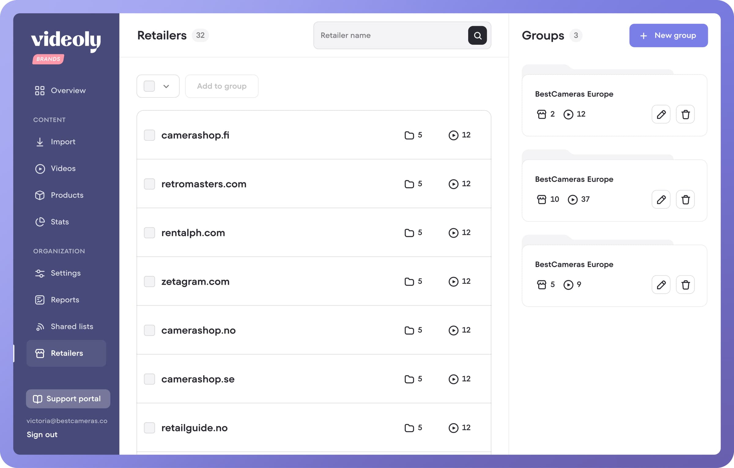 Videoly list of retailers with groups on the right
