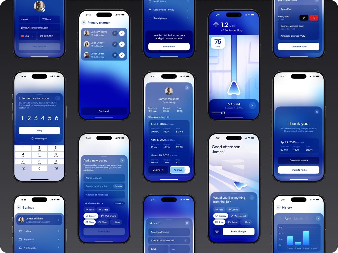 Grid of DeCharge app screens: account, devices, payments and history