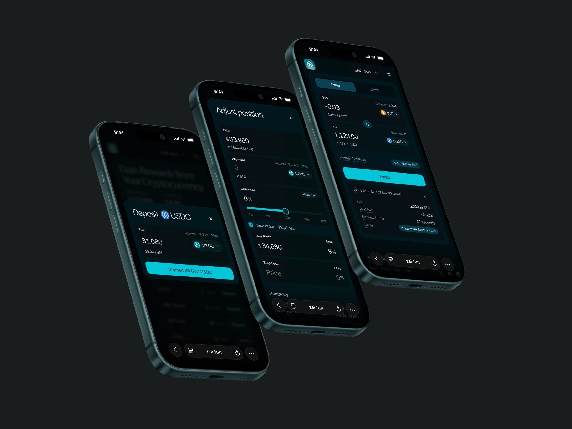 Three phones with Sai mobile flows: deposit, adjust a position and swap