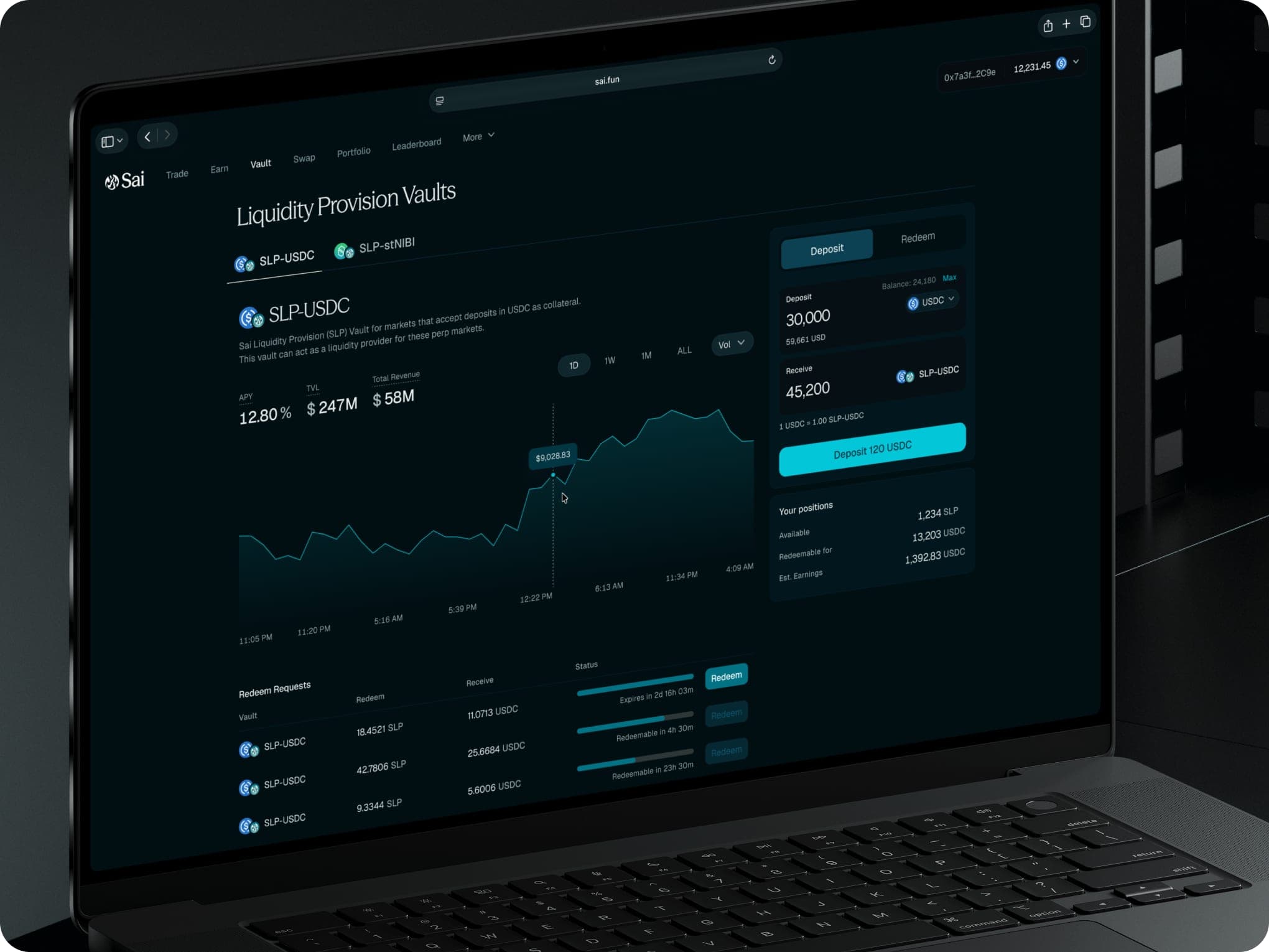 Sai liquidity vault on a laptop with a performance chart and a deposit panel