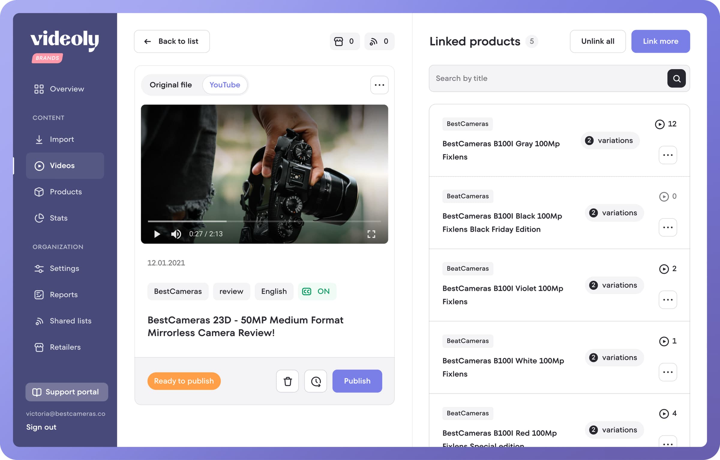 Videoly video details with a player and a list of linked products