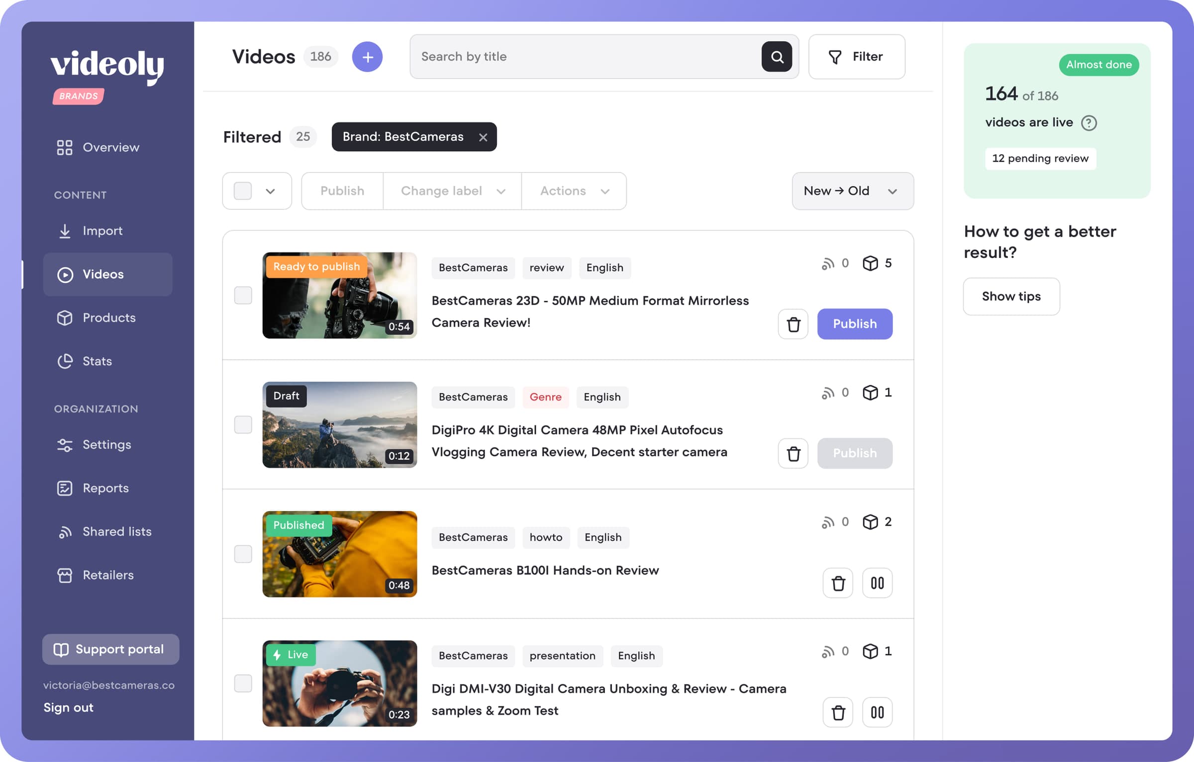 Videoly video library with filters, statuses and publish actions