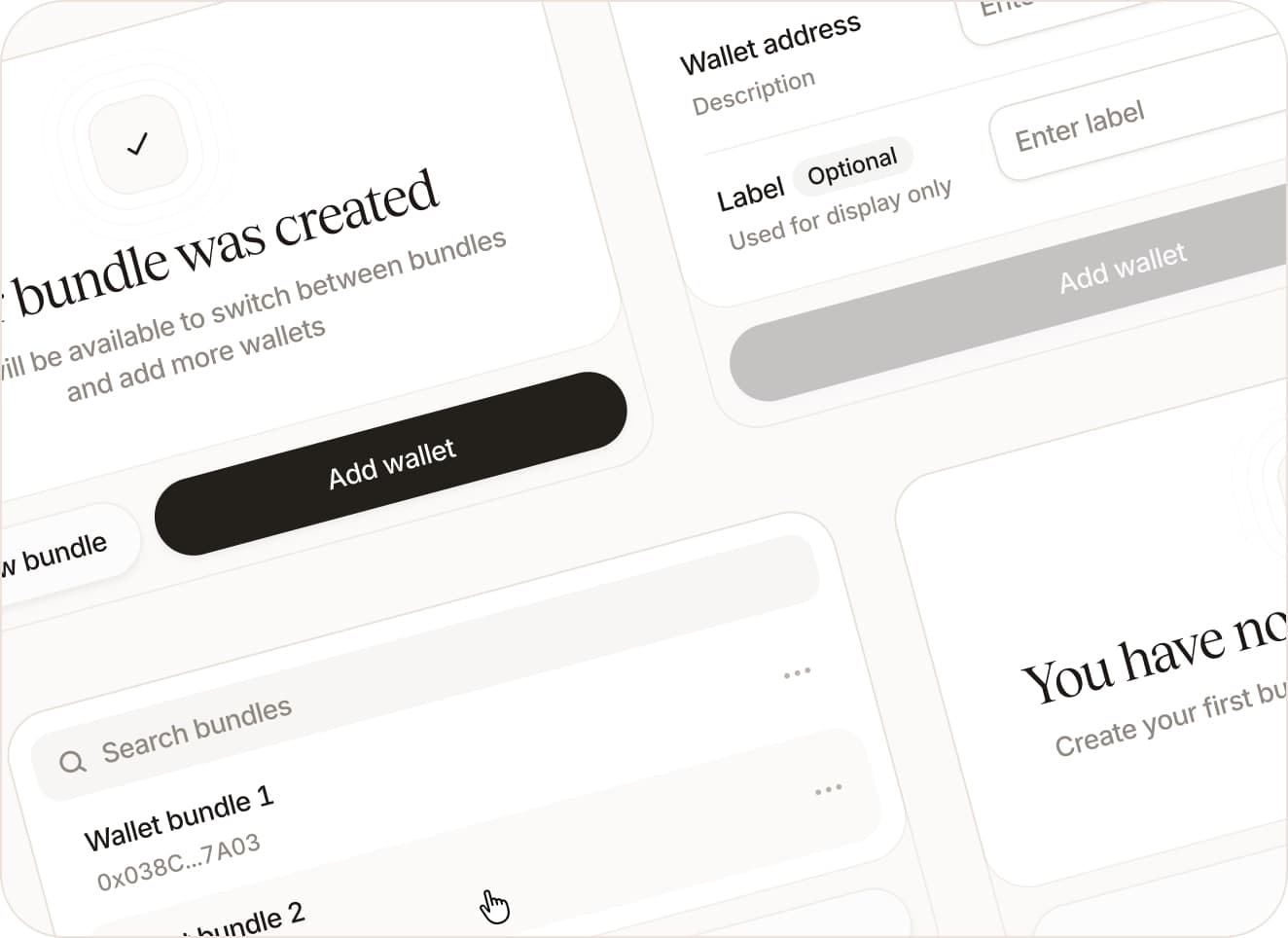 Interface details: a wallet bundle confirmation, an add-wallet form and a bundle search